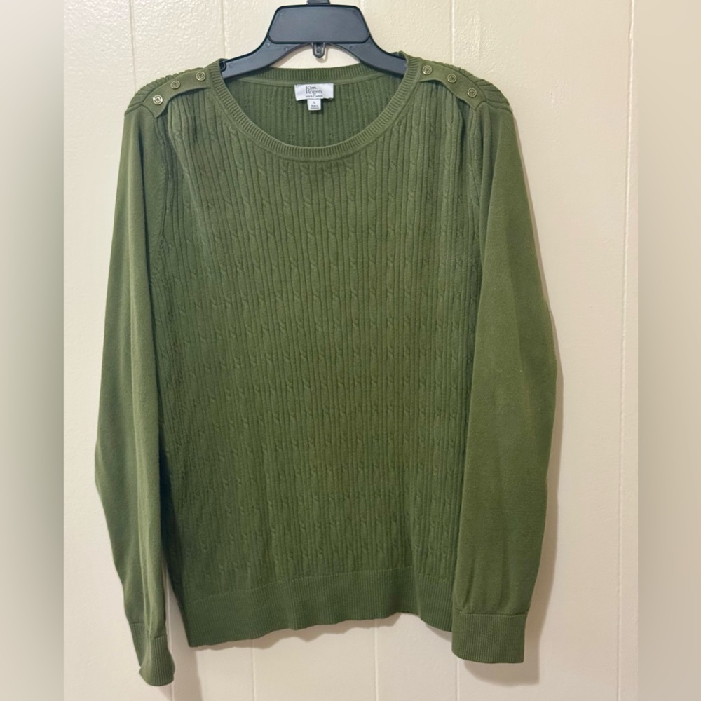 Kim Rogers Olive Green Cable-Knit Button-Shoulder Sweater